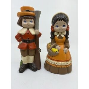 Vintage Hand Painted Ceramic Boy & Girl Pilgrim Thanksgiving Figurines 7.5 1970s